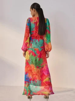 Next Kew Collection Bright Floral Occasion Long Sleeve Wrap Midi Dress Online