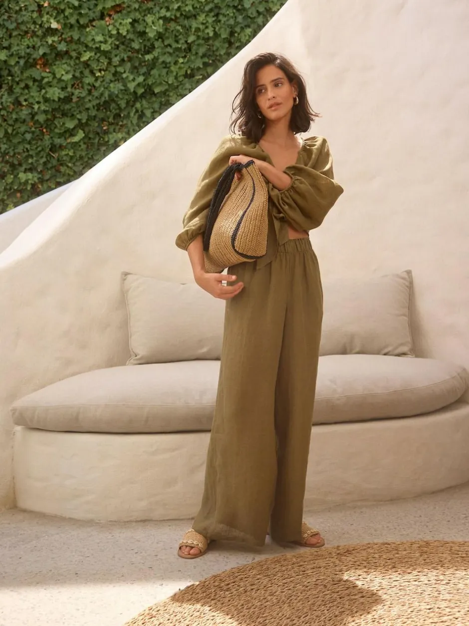 Next Khaki Green 100% Linen Premium Wide Leg Trousers Discount