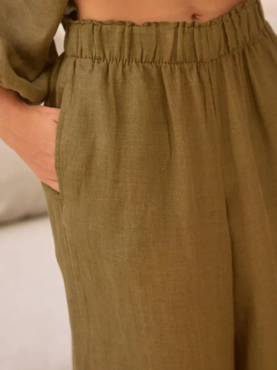 Next Khaki Green 100% Linen Premium Wide Leg Trousers Discount