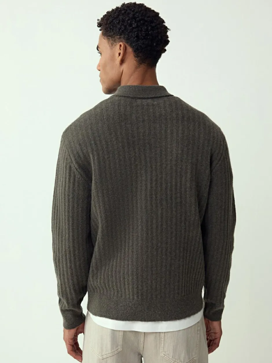 Next Cosy Rib Knit Long Sleeve Polo Shirt with Wool Khaki Green