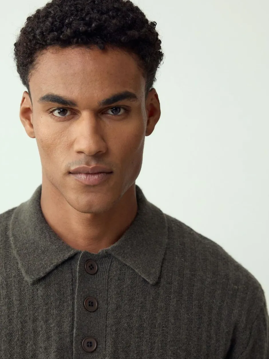 Next Cosy Rib Knit Long Sleeve Polo Shirt with Wool Khaki Green
