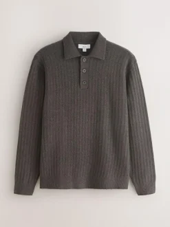 Next Cosy Rib Knit Long Sleeve Polo Shirt with Wool Khaki Green