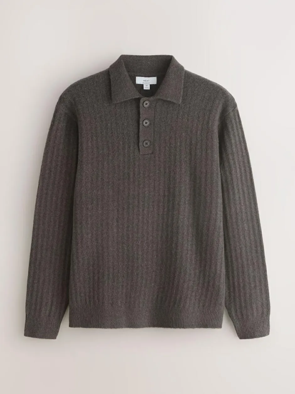 Next Cosy Rib Knit Long Sleeve Polo Shirt with Wool Khaki Green