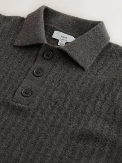 Next Cosy Rib Knit Long Sleeve Polo Shirt with Wool Khaki Green
