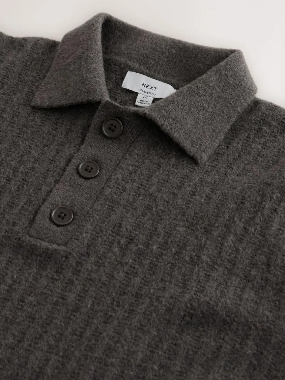 Next Cosy Rib Knit Long Sleeve Polo Shirt with Wool Khaki Green