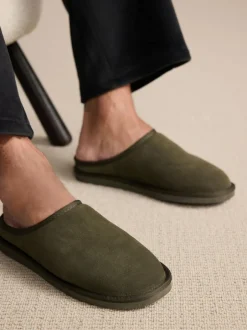Next Faux Fur Lined Signature Suede Mule Slippers Khaki Green Discount