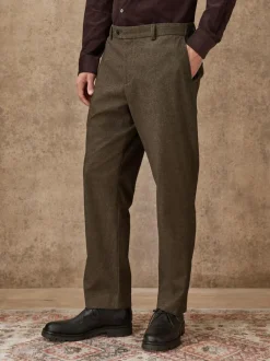 Next Regular Fit Smart Brushed Cotton Trousers Khaki Green Herringbone Clearance