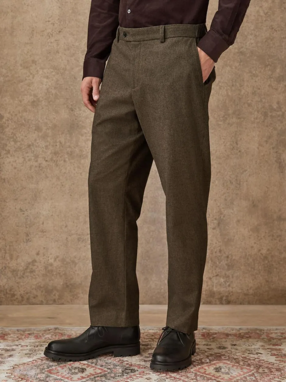 Next Regular Fit Smart Brushed Cotton Trousers Khaki Green Herringbone Clearance