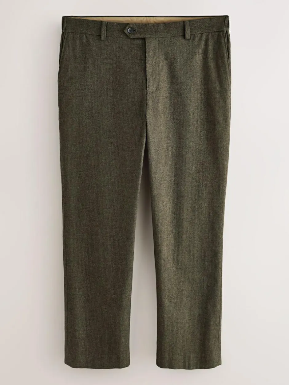 Next Regular Fit Smart Brushed Cotton Trousers Khaki Green Herringbone Clearance