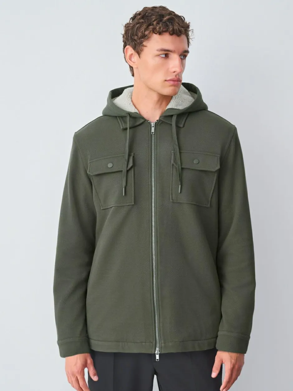 Next Hooded Borg Fleece Lined Shacket Khaki Green Hot