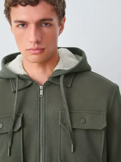 Next Hooded Borg Fleece Lined Shacket Khaki Green Hot