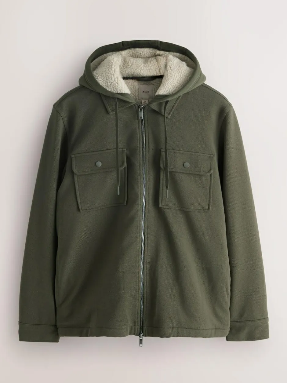 Next Hooded Borg Fleece Lined Shacket Khaki Green Hot