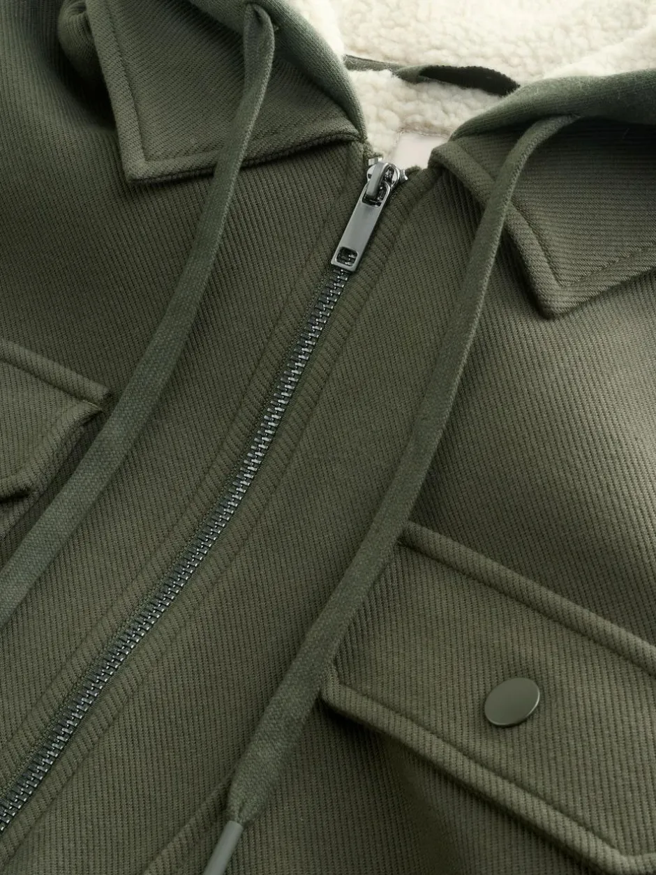 Next Hooded Borg Fleece Lined Shacket Khaki Green Hot