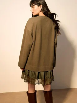 Next 2-In-1 Soft Touch Jumper Lace Skirt Khaki Green Hot