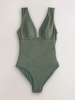Next Khaki Green Leaf Textured Plunge Shaping Tummy Control Swimsuit Online