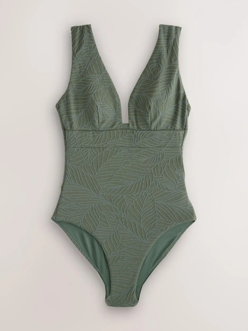 Next Khaki Green Leaf Textured Plunge Shaping Tummy Control Swimsuit Online