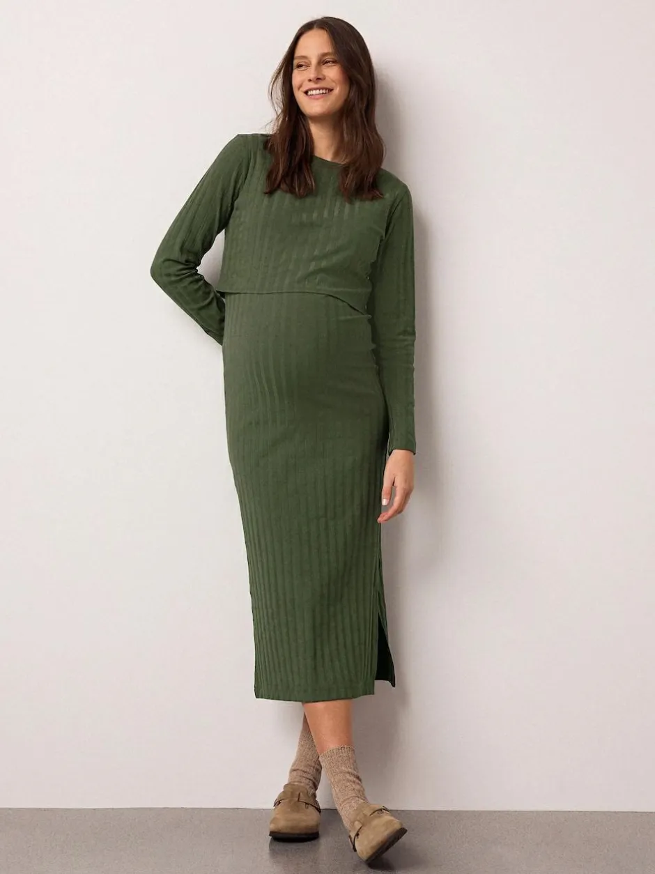 Next Maternity Long Sleeve Nursing Shelf Dress Khaki Green New