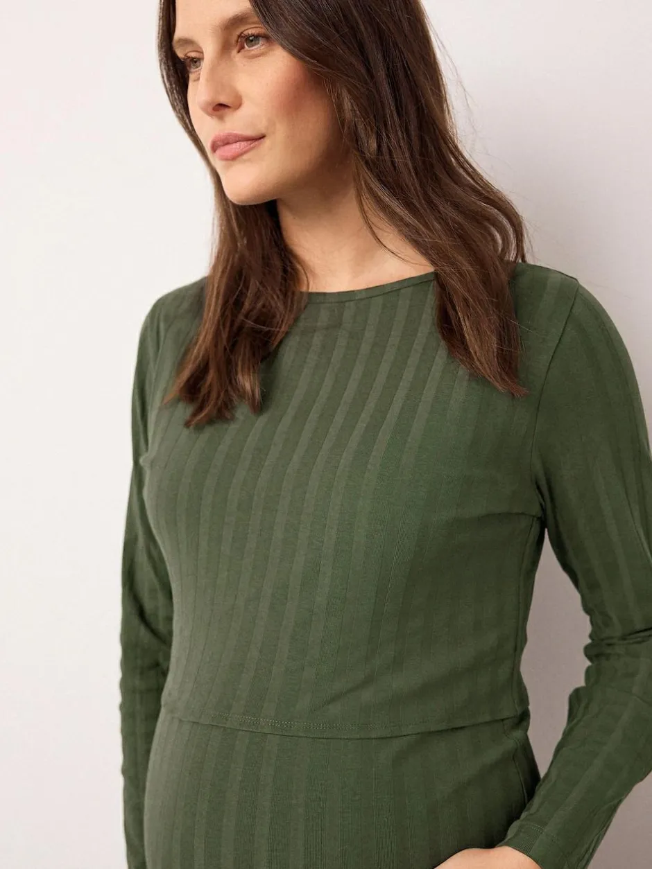Next Maternity Long Sleeve Nursing Shelf Dress Khaki Green New