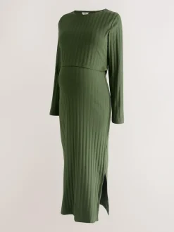 Next Maternity Long Sleeve Nursing Shelf Dress Khaki Green New