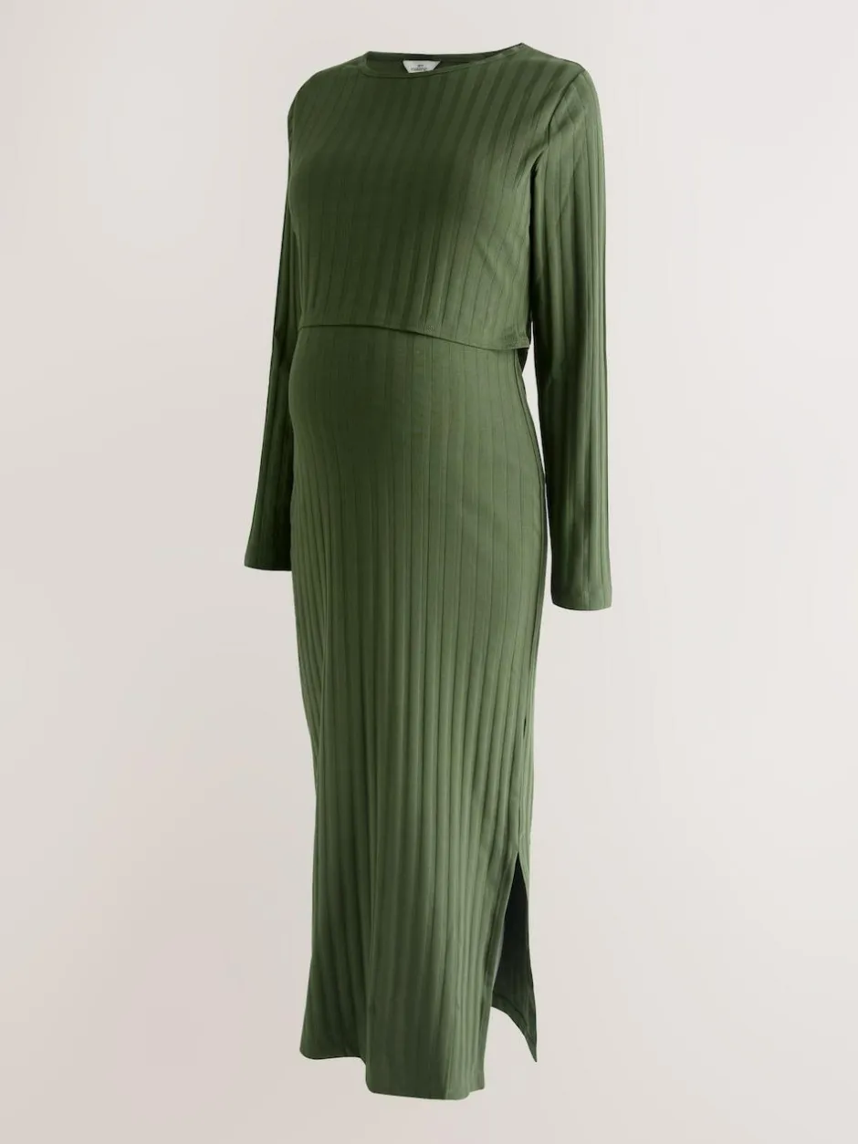 Next Maternity Long Sleeve Nursing Shelf Dress Khaki Green New