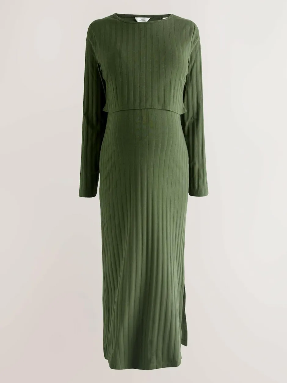 Next Maternity Long Sleeve Nursing Shelf Dress Khaki Green New