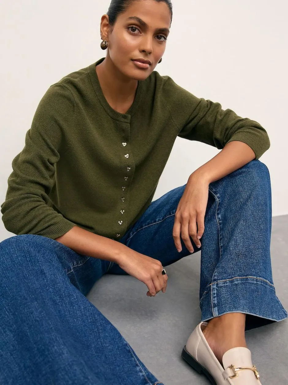 Next Khaki Green Slim Supersoft Crew Neck Cardigan with Wool Clearance