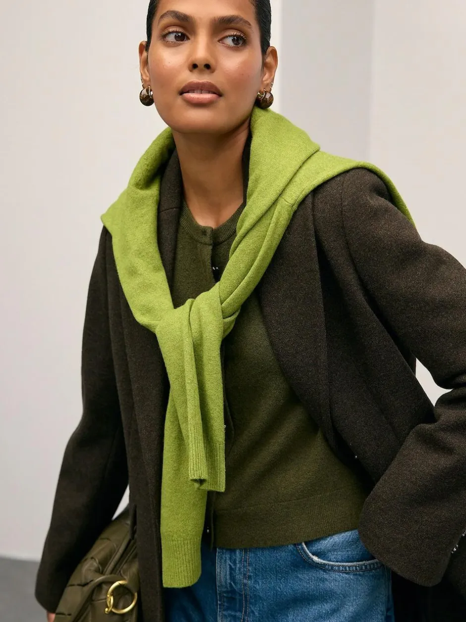 Next Khaki Green Slim Supersoft Crew Neck Cardigan with Wool Clearance