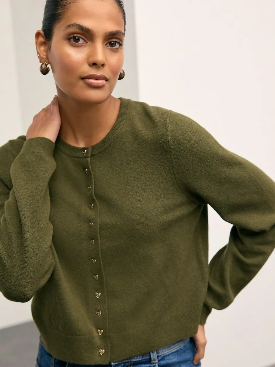 Next Khaki Green Slim Supersoft Crew Neck Cardigan with Wool Clearance