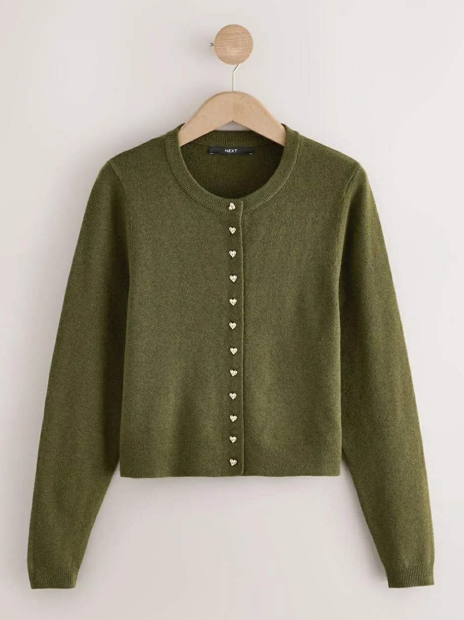 Next Khaki Green Slim Supersoft Crew Neck Cardigan with Wool Clearance