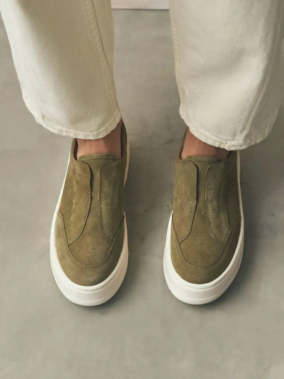 Next Slip On Signature Leather Chunky Wedge Platform Trainers Khaki Green Best