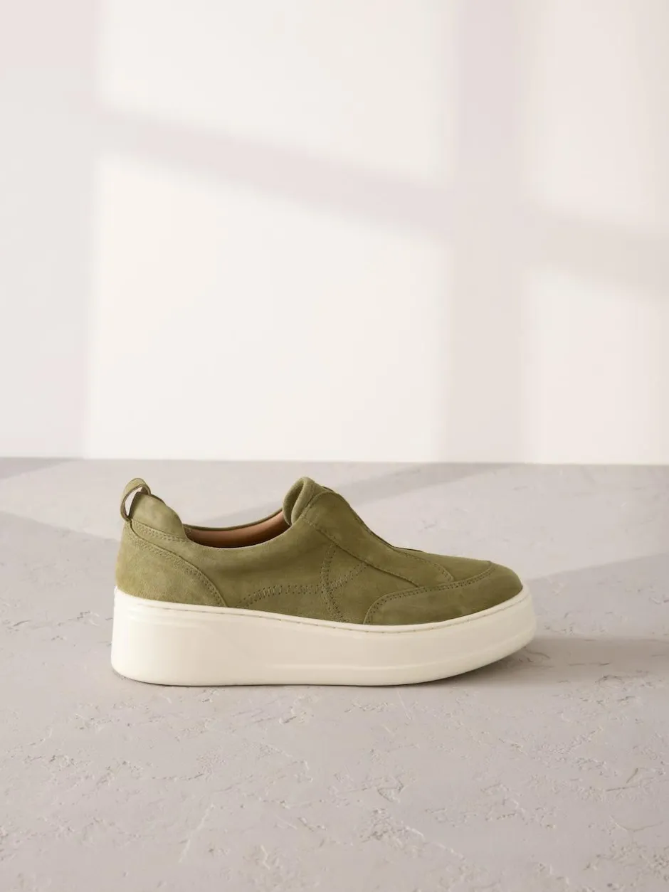 Next Slip On Signature Leather Chunky Wedge Platform Trainers Khaki Green Best
