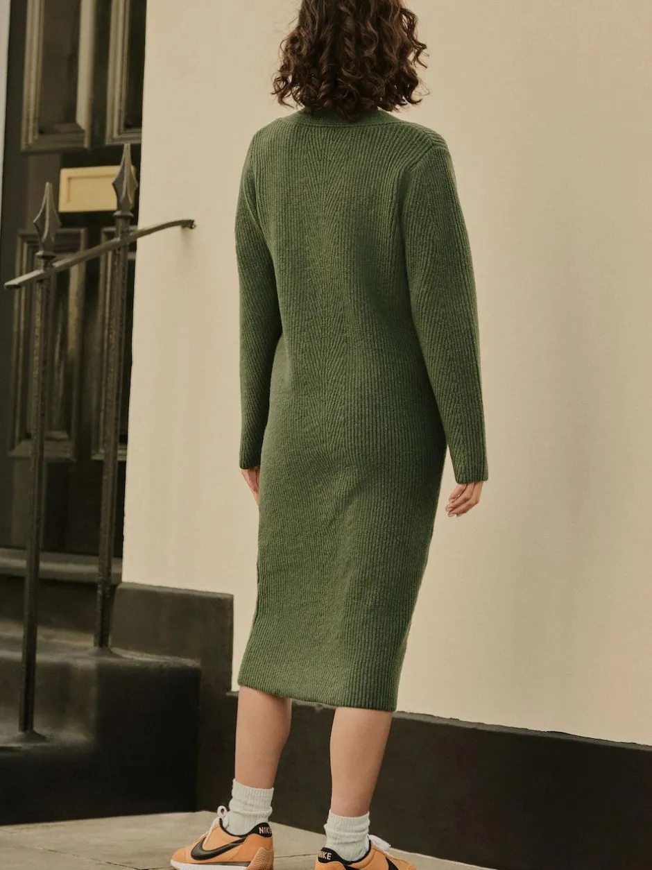 Next Super Soft V-Neck Midi Dress With Wool Khaki Green Hot