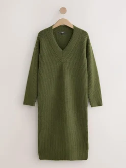 Next Super Soft V-Neck Midi Dress With Wool Khaki Green Hot