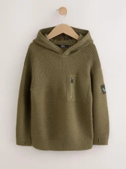 Next Khaki Green Utility Knitted Hoodie (3-16yrs) Clearance