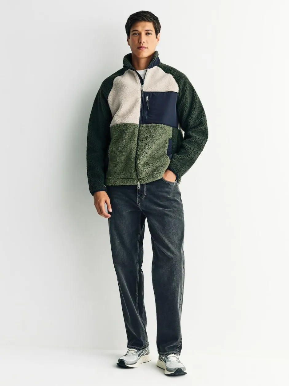 Next Colourblock Zip Through Funnel Fleece Khaki Green/Ecru Neutral