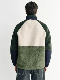 Next Colourblock Zip Through Funnel Fleece Khaki Green/Ecru Neutral