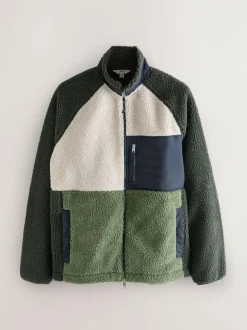 Next Colourblock Zip Through Funnel Fleece Khaki Green/Ecru Neutral
