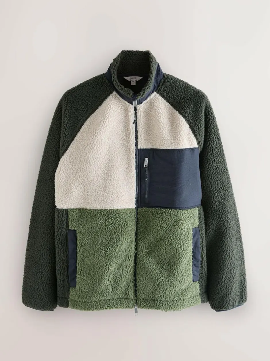 Next Colourblock Zip Through Funnel Fleece Khaki Green/Ecru Neutral