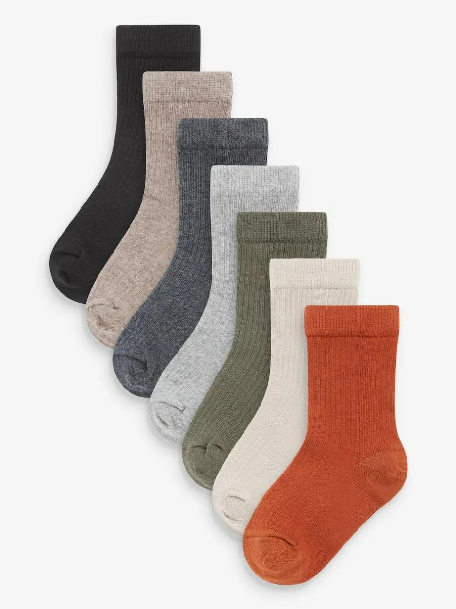 Next Cotton Rich Fine Rib Socks 7 Pack Khaki Green/Grey Hot