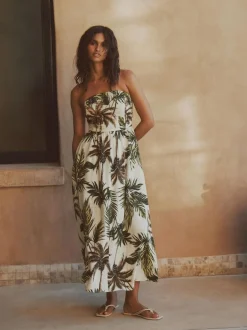 Next Ruched Bandeau Midi Dress with Linen Khaki/Cream Palm Printed Best