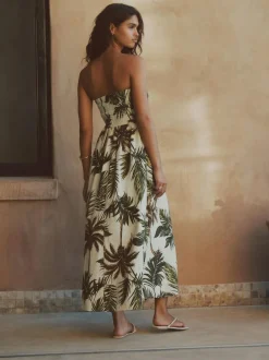 Next Ruched Bandeau Midi Dress with Linen Khaki/Cream Palm Printed Best