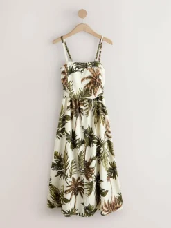 Next Ruched Bandeau Midi Dress with Linen Khaki/Cream Palm Printed Best