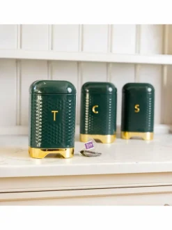 Kitchencraft Green Textured Geometric Tea Coffee Sugar Canisters Set Best