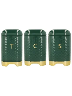 Kitchencraft Green Textured Geometric Tea Coffee Sugar Canisters Set Best