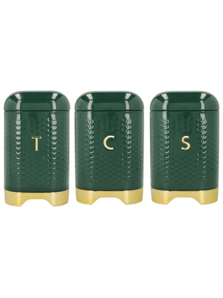 Kitchencraft Green Textured Geometric Tea Coffee Sugar Canisters Set Best