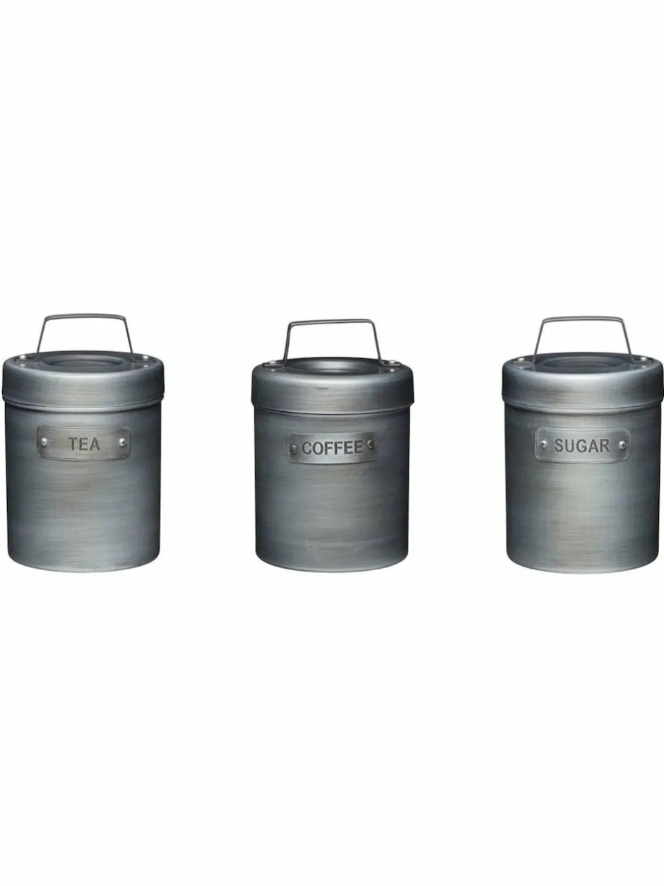 Kitchencraft Set of 4 Grey Metal Coffee Sugar and Tea Canisters Hot