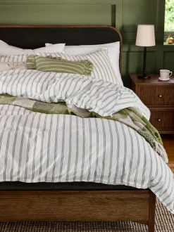 Laura Ashley Green Henley Stripe 100% Cotton Duvet Cover and Pillowcase Set Outlet