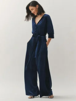 Laura Ashley Navy Velvet Elasticated Waist Wide Leg Party Jumpsuit Outlet