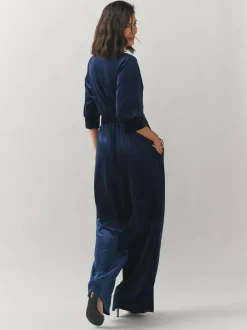 Laura Ashley Navy Velvet Elasticated Waist Wide Leg Party Jumpsuit Outlet