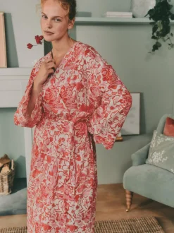 Laura Ashley Pink Peony Cotton Scalloped Woven Robe Outlet